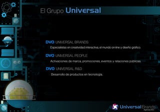 El Grupo



 DVO UNIVERSAL BRANDS
   Especialistas en creatividad interactiva, el mundo on-line y diseño gráfico.

 DVO UNIVERSAL PEOPLE
   Activaciones de marca, promociones, eventos y relaciones públicas.

 DVO UNIVERSAL R&D
   Desarrollo de productos en tecnología.
 