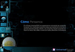 Cómo Pensamos
 En el Grupo Universal DVO nos apasionamos conociendo las conductas
 humanas. Con creatividad, buscamos ideas que transformen la forma en
 que las personas piensan, sienten y se comportan. Nuestro propósito es
 hacer su marca más visible, a través de medios diferentes e innovadores.
 