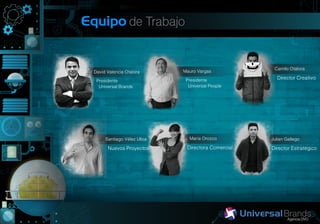 Equipo de Trabajo


                                                      Camilo Otálora
  David Valencia Otalora      Mauro Vargas
                               Presidente               Director Creativo
   Presidente
    Universal Brands            Universal People




       Santiago Vélez Ulloa     Maria Orozco         Julian Gallego
        Nuevos Proyectos       Directora Comercial   Director Estratégico
 