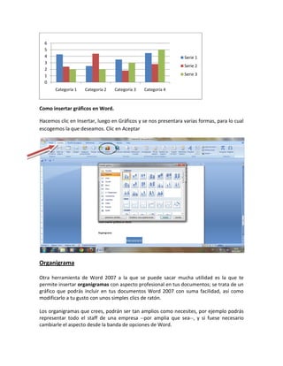 6
  5
  4                                                             Serie 1
  3
                                                                Serie 2
  2
  1                                                             Serie 3
  0
       Categoría 1   Categoría 2   Categoría 3   Categoría 4



Como insertar gráficos en Word.

Hacemos clic en Insertar, luego en Gráficos y se nos presentara varias formas, para lo cual
escogemos la que deseamos. Clic en Aceptar




Organigrama

Otra herramienta de Word 2007 a la que se puede sacar mucha utilidad es la que te
permite insertar organigramas con aspecto profesional en tus documentos; se trata de un
gráfico que podrás incluir en tus documentos Word 2007 con suma facilidad, así como
modificarlo a tu gusto con unos simples clics de ratón.

Los organigramas que crees, podrán ser tan amplios como necesites, por ejemplo podrás
representar todo el staff de una empresa --por amplia que sea--, y si fuese necesario
cambiarle el aspecto desde la banda de opciones de Word.
 