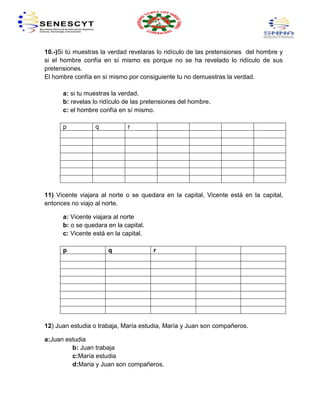 10.-)Si tú muestras la verdad revelaras lo ridículo de las pretensiones del hombre y
si el hombre confía en sí mismo es porque no se ha revelado lo ridículo de sus
pretensiones.
El hombre confía en sí mismo por consiguiente tu no demuestras la verdad.

      a: si tu muestras la verdad.
      b: revelas lo ridículo de las pretensiones del hombre.
      c: el hombre confía en sí mismo.

      p          q           r




11) Vicente viajara al norte o se quedara en la capital, Vicente está en la capital,
entonces no viajo al norte.

      a: Vicente viajara al norte
      b: o se quedara en la capital.
      c: Vicente está en la capital.

      p               q                r




12) Juan estudia o trabaja, María estudia, María y Juan son compañeros.

a:Juan estudia
         b: Juan trabaja
         c:María estudia
         d:Maria y Juan son compañeros.
 