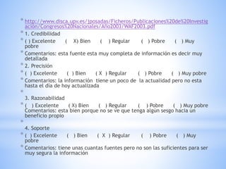 * http://www.disca.upv.es/jposadas/Ficheros/Publicaciones%20de%20Investig
ación/Congresos%20Nacionales/Año2003/WAF2003.pdf
* 1. Credibilidad
* ( ) Excelente ( X) Bien ( ) Regular ( ) Pobre ( ) Muy
pobre
* Comentarios: esta fuente esta muy completa de información es decir muy
detallada
* 2. Precisión
* ( ) Excelente ( ) Bien ( X ) Regular ( ) Pobre ( ) Muy pobre
* Comentarios: la información tiene un poco de la actualidad pero no esta
hasta el día de hoy actualizada
*
3. Razonabilidad
* ( ) Excelente ( X) Bien ( ) Regular ( ) Pobre ( ) Muy pobre
Comentarios: esta bien porque no se ve que tenga algún sesgo hacia un
beneficio propio
*
4. Soporte
* ( ) Excelente ( ) Bien ( X ) Regular ( ) Pobre ( ) Muy
pobre
* Comentarios: tiene unas cuantas fuentes pero no son las suficientes para ser
muy segura la información
 