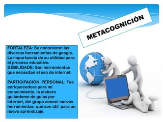 FORTALEZA: Se conocieron las
diversas herramientas de google.
La importancia de su utilidad para
el proceso educativo.
DEBILIDADE: Son herramientas
que necesitan el uso de internet
PARTICIPACIÒN PERSONAL: Fue
enriquecedora para mi
conocimiento, la elabore
guiándome de guías por
internet, del grupo conocí nuevas
herramientas que son útil para un
nuevo aprendizaje.
 