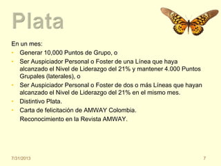 En un mes:
• Generar 10,000 Puntos de Grupo, o
• Ser Auspiciador Personal o Foster de una Línea que haya
alcanzado el Nivel de Liderazgo del 21% y mantener 4.000 Puntos
Grupales (laterales), o
• Ser Auspiciador Personal o Foster de dos o más Líneas que hayan
alcanzado el Nivel de Liderazgo del 21% en el mismo mes.
• Distintivo Plata.
• Carta de felicitación de AMWAY Colombia.
Reconocimiento en la Revista AMWAY.
7/31/2013 7
 