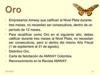 • Empresarios Amway que califican al Nivel Plata durante
• tres meses, no necesitan ser consecutivos, dentro de un
• período de 12 meses.
• Para recalificar como Oro en el siguiente año, debes
calificar durante tres meses al Nivel Plata, no necesitan
ser consecutivos, pero sí dentro del mismo Año Fiscal
(1 de septiembre al 31 de agosto).
• Distintivo Oro.
• Carta de felicitación de AMWAY Colombia.
• Reconocimiento en la Revista AMWAY.
7/31/2013 8
 