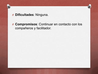 O Dificultades: Ninguna.

O Compromisos: Continuar en contacto con los

compañeros y facilitador.

 
