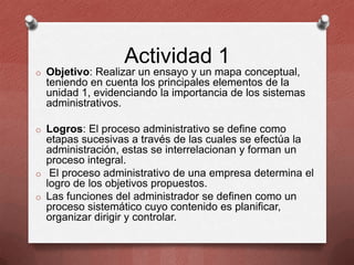 Actividad 1
o Objetivo: Realizar un ensayo y un mapa conceptual,

teniendo en cuenta los principales elementos de la
unidad 1, evidenciando la importancia de los sistemas
administrativos.
o Logros: El proceso administrativo se define como

etapas sucesivas a través de las cuales se efectúa la
administración, estas se interrelacionan y forman un
proceso integral.
o El proceso administrativo de una empresa determina el
logro de los objetivos propuestos.
o Las funciones del administrador se definen como un
proceso sistemático cuyo contenido es planificar,
organizar dirigir y controlar.

 