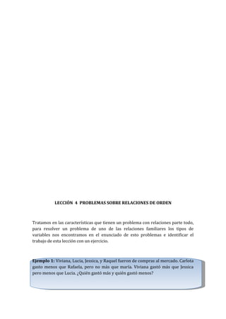 LECCIÓN 4 PROBLEMAS SOBRE RELACIONES DE ORDEN

Tratamos en las características que tienen un problema con relaciones parte todo,
para resolver un problema de uno de las relaciones familiares los tipos de
variables nos encontramos en el enunciado de esto problemas e identificar el
trabajo de esta lección con un ejercicio.

Ejemplo 1: Viviana, Lucia, Jessica, y Raquel fueron de compras al mercado. Carlota
gasto menos que Rafaela, pero no más que maría. Viviana gastó más que Jessica
pero menos que Lucia. ¿Quién gastó más y quién gastó menos?

 
