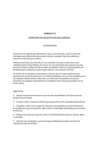 UNIDAD Nº 2
PROBLEMAS DE RELACION CON UNA VARIABLE

JUSTIFICACION

Dentro de esta unidad aprenderemos lo que es una relación y cuál es el tipo de
estrategia que utilizaremos para poder resolver cualquier tipo de problema y
obtener la solución que se desea.
Podemos decir que una relación en una conexión en la que existen dos a mas
calidades dentro del problema, los nexos son una estrategia muy especial que nos
permite facilitar la obtención de los datos y entender cuál es la representación del
problema para analizarlo y poder lograr obtener una solución correcta.
El nombre de la unidad nos está dando a conocer que es lo que realizaremos a
continuación en las lecciones que es resolver problemas con una sola variable ya sea
de cualquier objeto, hecho o situación. Las relaciones las podemos encontrar
presentes en cualquier enunciado de un problema estas relaciones pueden ser de
varios clases.

OBJETIVOS:
1. Ajustar nuestro interés hacia lo que nos dice el problema y los datos que nos
proporciona el mismo.
2. Conocer cuál es el tipo de relación que existe dentro del contenido del problema.
3. Examinar cuales son los tipos de relaciones que podemos encontrar dentro de
los problemas y que nos permite saber cuál es la estrategia adecuada para encontrar
la solución.
4. Ordenar las relaciones que hay entre la información del como los valores, datos
y variables.
5. Apreciar las estrategias y que son de gran utilidad para poder encontrar la
solución de cada enunciado.

 