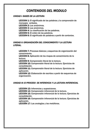 CONTENIDOS DEL MODULO
UNIDAD I: BASES DE LA LECTURA
LECCION 1: El significado de las palabras y la comprensión de
mensajes verbales.
LECCION 2: Los antónimos.
LECCION 3: Los sinónimos.
LECCION 4: La clasificación de las palabras.
LECCION 5: El orden de las palabras.
LECCION 6: El significado de palabras a partir de contextos.
UNIDAD II: ORGANIZACIÓN DEL CONOCIMIENTO Y LA LECTURA
LITERAL.
LECCION 7: Procesos básicos y esquemas de organización del
conocimiento.
LECCION 8: Aplicación de los mapas de conocimiento de la
lectura.
LECCION 9: Comprensión literal de la lectura.
LECCION 10: Comprensión literal de la lectura. Ejercicios de
consolidación.
LECCION 11: Comprensión literal de la lectura. Ejercicios de
aplicación.
LECCION 12: Elaboración de escritos a partir de esquemas de
organización.
UNIDAD III: El PROCESO DE INFERENCIA Y LA LECTURA INFERENCIAL
LECCION 13: Inferencias y suposiciones.
LECCION 14: Comprensión inferencial de la lectura.
LECCION 15: Comprensión inferencial de la lectura. Ejercicios de
consolidación.
LECCION 16: Comprensión inferencial de la lectura. Ejercicios de
aplicación.
LECCIÓN 17: Las analogías y las metáforas.

 