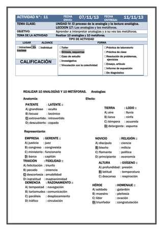 ACTIVIDAD N°: 11

1

TEMA CLASE:

UNIDAD IV: El proceso de la analogía y la lectura analógica.
LECCION 17: Las analogías y las metáforas.
Aprender a interpretar analogías y a su ves las metáforas.

OBJETIVO:
TEMA DE LA ACTIVIDAD
LUGAR

FECHA
ENVIO:

07/11/13

traclase

□Grupal

CALIFICACIÓN

11/11/13

Realizar 10 analogías y 10 metáforas.
TIPO DE ACTIVIDAD

ALCANCE

□Intraclase□Ex □Individual

FECHA
ENTREGA:

FORMA

□Taller
□Síntesis, esquemas
□Caso de estudio
□Investigativa
□Vinculación con la colectividad

REALIZAR 10 ANALOGÍAS Y 10 METÁFORAS.
Anatomía:
PATENTE
: LATENTE ::
A) grandioso : oculto
B) locuaz
: lacónico
C) extrovertido : introvertido
D) descubierto : copado

□Práctica de laboratorio
□Práctica de clase
□Resolución de problemas,
ejercicios

□Ensayo, artículo
□Informe de exposición
□De diagnóstico

Analogías:

Efecto:
TIERRA
: LODO ::
A) aire
: lluvia
B) larva
: ninfa
C) témpera : acuarela
D) detergente : espuma

Representante:
EMPRESA : GERENTE ::
A) justicia : juez
B) congreso : congresista
C) ministerio : funcionario
D) barco
: capitán
TRAICIÓN
: FIDELIDAD ::
A) felicitación : triunfo
B) pecado
: creencia
C) descortesía : amabilidad
D) ingratitud : magnanimidad
DEMENCIA
: RAZONAMIENTO ::
A) tempestad : navegación
B) tartamudez : comunicación
C) parálisis
: desplazamiento
D) tráfico
: circulación

NOVICIO
A) discípulo
B) bisoño
C) flamante
D) principiante

: RELIGIÓN ::
: ciencia
: milicia
: política
: economía

ALTURA
: OXÍGENO ::
A) profundidad : presión
B) latitud
: temperatura
C) descanso : respiración
HÉROE
A) soldado
B) maestro
C) líder
D) triunfador

: HOMENAJE ::
: galardón
: pleitesía
: ovación
: congratulación

 