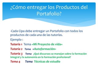 ¿Cómo entregar los Productos del
Portafolio?
-Cada Cipa debe entregar un Portafolio con todos los
productos de cada una de las tutorías.
Ejemplo :
Tutoría 1 Tema «Mi Proyecto de vida»
Tutoría 2 Tema «Autoformación»
Tutoría 3 Tema ¿Qué discursos se manejan sobre la formación
integral y la autonomía en la formación profesional?
Tema 4 Tema Técnicas de estudio