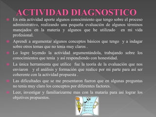  En esta actividad aporte algunos conocimiento que tengo sobre el proceso 
administrativo, realizando una pequeña evaluación de algunos términos 
manejados en la materia y algunos que he utilizado en mi vida 
profesional. 
 Aprendí a argumentar algunos conceptos básicos que tengo y a indagar 
sobre otros temas que no tenia muy claros . 
 Lo logre leyendo la actividad argumentándola, trabajando sobre los 
conocimientos que tenia y así respondiendo con honestidad. 
 La única herramienta que utilice fue la teoría de la evaluación que nos 
enviaron y el análisis y formación que realice por mi parte para así ser 
coherente con la actividad propuesta . 
 Las dificultades que se me presentaron fueron que en algunas preguntas 
no tenia muy claro los conceptos por diferentes factores. 
 Leer, investigar y familiarizarme mas con la mataría para así lograr los 
objetivos propuestos. 
 