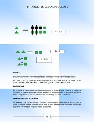 PORTAFOLIO DE EVIDENCIAS DOCENTE
19
CIERRE
El alumno planteará y resolverá usando su tablero de colores el siguiente problema:
EL DOBLE DE UN NÚMERO AUMENTADO EN DOCE UNIDADES ES IGUAL A SU
TRIPLE DISMINUIDO EN CINCO UNIDADES. ¿CUÁL ES ESE NÚMERO?
EVALUACIÓN
Se revisará la construcción del planteamiento de la ecuación que resuelva el problema
utilizando el tablero de colores lo que denotará la apropiación de la noción de ecuación
como una igualdad y por qué las unidades negativas y positivas se eliminan.
CONSIDERACIONES PREVIAS
Se requiere que los estudiantes cumplan con el material previamente solicitado, que la
clase se planee para las primeras horas, que no haya interrupciones con otras actividades
escolares y motivación por parte de los estudiantes.
2x = 2
2x = 5 - 3
x = 2 / 2
x = 1
 