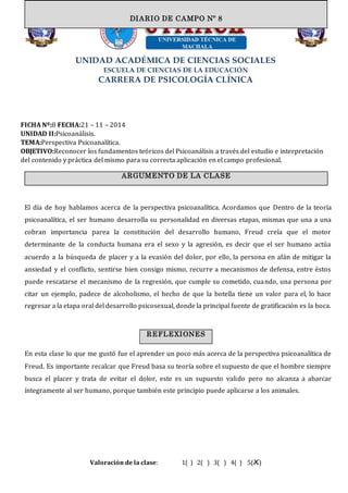 UNIDAD ACADÉMICA DE CIENCIAS SOCIALES
ESCUELA DE CIENCIAS DE LA EDUCACIÓN
CARRERA DE PSICOLOGÍA CLÍNICA
FICHA Nº:8 FECHA:21 – 11 – 2014
UNIDAD II:Psicoanálisis.
TEMA:Perspectiva Psicoanalítica.
OBJETIVO:Reconocer los fundamentos teóricos del Psicoanálisis a través del estudio e interpretación
del contenido y práctica del mismo para su correcta aplicación en el campo profesional.
El día de hoy hablamos acerca de la perspectiva psicoanalítica. Acordamos que Dentro de la teoría
psicoanalítica, el ser humano desarrolla su personalidad en diversas etapas, mismas que una a una
cobran importancia parea la constitución del desarrollo humano, Freud creía que el motor
determinante de la conducta humana era el sexo y la agresión, es decir que el ser humano actúa
acuerdo a la búsqueda de placer y a la evasión del dolor, por ello, la persona en afán de mitigar la
ansiedad y el conflicto, sentirse bien consigo mismo, recurre a mecanismos de defensa, entre éstos
puede rescatarse el mecanismo de la regresión, que cumple su cometido, cuando, una persona por
citar un ejemplo, padece de alcoholismo, el hecho de que la botella tiene un valor para el, lo hace
regresar a la etapa oral del desarrollo psicosexual, donde la principal fuente de gratificación es la boca.
En esta clase lo que me gustó fue el aprender un poco más acerca de la perspectiva psicoanalítica de
Freud. Es importante recalcar que Freud basa su teoría sobre el supuesto de que el hombre siempre
busca el placer y trata de evitar el dolor, este es un supuesto valido pero no alcanza a abarcar
íntegramente al ser humano, porque también este principio puede aplicarse a los animales.
Valoración de la clase: 1( ) 2( ) 3( ) 4( ) 5(X)
DIARIO DE CAMPO
ARGUMENTO DE LA CLASE
DIARIO DE CAMPO Nº 8
REFLEXIONES
 
