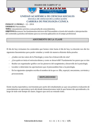 UNIDAD ACADÉMICA DE CIENCIAS SOCIALES
ESCUELA DE CIENCIAS DE LA EDUCACIÓN
CARRERA DE PSICOLOGÍA CLÍNICA
FICHA Nº:10 FECHA:3 – 12 – 2014
UNIDAD II: Psicoanálisis.
TEMA: Lineamientos previos a una prueba de conocimientos.
OBJETIVO:Reconocer los fundamentos teóricos del Psicoanálisis a través del estudio e interpretación
del contenido y práctica del mismo para su correcta aplicación en el campo profesional.
El día de hoy revisamos los contenidos que hemos visto hasta el día de hoy. La docente nos dio los
siguientes lineamientos para poder estudiar y rendir de manera eficiente dicha prueba:
- ¿Cuáles son las raíces de la Psicología y como fue el desarrollo de esta?
- ¿Con quién se inicia el estructuralismo y como se desarrolló? Fundamente los pasos que se dan
- Realice un organizador gráfico con los pioneros del surgimiento y desarrollo de la psicología.
- Localice o determine las aportaciones que el psicoanálisis hizo a la psicología.
- En los siguientes ejemplos escriba el nombre de lo que es: Ello, superyó, mecanismo, corriente y
preconsciente.
Existe mucha expectativa y nerviosismo por parte del estudiantado ya que una primera evaluación de
conocimientos se aproxima y será ahí donde demostraremos todo lo que hemos ido aprendiendo a lo
largo de todo este tiempo de clases. Auguro que será un rotundo éxito.
Valoración de la clase: 1( ) 2( ) 3( ) 4( ) 5(X)
DIARIO DE CAMPO
ARGUMENTO DE LA CLASE
DIARIO DE CAMPO Nº 10
REFLEXIONES
 