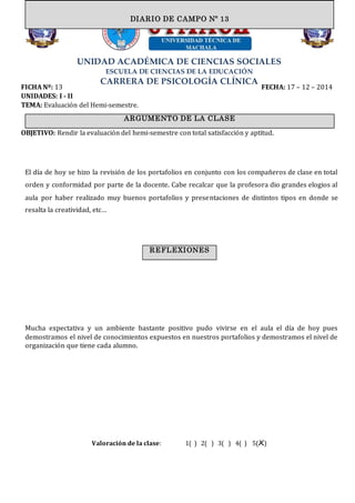 UNIDAD ACADÉMICA DE CIENCIAS SOCIALES
ESCUELA DE CIENCIAS DE LA EDUCACIÓN
CARRERA DE PSICOLOGÍA CLÍNICA
FICHA Nº: 13 FECHA: 17 – 12 – 2014
UNIDADES: I - II
TEMA: Evaluación del Hemi-semestre.
OBJETIVO: Rendir la evaluación del hemi-semestre con total satisfacción y aptitud.
El día de hoy se hizo la revisión de los portafolios en conjunto con los compañeros de clase en total
orden y conformidad por parte de la docente. Cabe recalcar que la profesora dio grandes elogios al
aula por haber realizado muy buenos portafolios y presentaciones de distintos tipos en donde se
resalta la creatividad, etc…
Mucha expectativa y un ambiente bastante positivo pudo vivirse en el aula el día de hoy pues
demostramos el nivel de conocimientos expuestos en nuestros portafolios y demostramos el nivel de
organización que tiene cada alumno.
Valoración de la clase: 1( ) 2( ) 3( ) 4( ) 5(X)
DIARIO DE CAMPO Nº 13
ARGUMENTO DE LA CLASE
REFLEXIONES
 