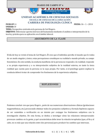 UNIDAD ACADÉMICA DE CIENCIAS SOCIALES
ESCUELA DE CIENCIAS DE LA EDUCACIÓN
CARRERA DE PSICOLOGÍA CLÍNICA
FICHA Nº: 4 FECHA: 16 – 1 – 2014
UNIDAD: IV
TEMA: Perspectiva centrada en la persona de Carl Rogers.
OBJETIVO: Diferenciar aportes teóricos del humanismo mediante el análisis e interpretación de la
teoría y práctica para su aplicación en el ámbito laboral.
El día de hoy se revisó el tema de Carl Rogers. Él cree que el individuo percibe el mundo que le rodea
de un modo singular y único; estas percepciones constituyen su realidad o mundo privado, su campo
fenoménico. En este sentido, la conducta manifiesta de la persona no responde a la realidad, responde
a su propia experiencia y a su interpretación subjetiva de la realidad externa, en tanto la única
realidad que cuenta para la persona es la suya propia. Por tanto, si el psicólogo quiere explicar la
conducta deberá tratar de comprender los fenómenos de la experiencia subjetiva.
Podemos concluir con que para Rogers , parte de sus numerosas observaciones clínicas (grabaciones
magnetofónicas, etc.) procurando eliminar todos los prejuicios subjetivos y formula hipótesis capaces
de ser sometidas a verificación en un intento por conjugar los fenómenos subjetivos con la
investigación objetiva. De esta forma, se dedica a investigar cómo las relaciones interpersonales
provocan cambios en la gente, y qué características debe tener la relación terapéutica (que, al fin y al
cabo, no es más que una relación entre dos personas) para producir los cambios que interesan.
Valoración de la clase: 1( ) 2( ) 3( ) 4( ) 5(X)
ARGUMENTO DE LA CLASE
DIARIO DE CAMPO Nº 4
REFLEXIONES
 