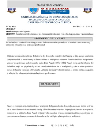 UNIDAD ACADÉMICA DE CIENCIAS SOCIALES
ESCUELA DE CIENCIAS DE LA EDUCACIÓN
CARRERA DE PSICOLOGÍA CLÍNICA
FICHA Nº: 5 FECHA: 21 – 1 – 2014
UNIDAD: V
TEMA: Perspectiva Cognitiva.
OBJETIVO: Resaltar contribuciones de teóricos cognitivistas con respecto al aprendizaje y personalidad
del individuo a través del estudio y práctica de los contenidos para elevar el nivel de conocimientos y
aplicación eficiente en la actividad profesional.
El día de hoy se revisó el tema de la teoría del desarrollo cognitivo de Piaget y se dijo que es una teoría
completa sobre la naturaleza y el desarrollo de la inteligencia humana. Fue desarrollada por primera
vez por un psicólogo del desarrollo suizo Jean Piaget (1896-1980). Piaget creía que la infancia del
individuo juega un papel vital y activo con el crecimiento de la inteligencia, y que el niño aprende a
través de hacer y explorar activamente. La teoría del desarrollo intelectual se centra en la percepción,
la adaptación y la manipulación del entorno que le rodea.
Piaget es conocido principalmente por una teoría de los estados de desarrollo, pero, de hecho, se trata
de la naturaleza del conocimiento en sí y cómo los seres humanos llegan gradualmente a adquirirlo,
construirlo y utilizarlo. Para Piaget, el desarrollo cognitivo era una reorganización progresiva de los
procesos mentales que resultan de la maduración biológica y la experiencia ambiental.
Valoración de la clase: 1( ) 2( ) 3( ) 4( ) 5(X)
ARGUMENTO DE LA CLASE
DIARIO DE CAMPO Nº 5
REFLEXIONES
 
