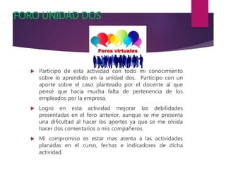 FORO UNIDAD DOS
 Participo de esta actividad con todo mi conocimiento
sobre lo aprendido en la unidad dos. Participo con un
aporte sobre el caso planteado por el docente al que
pensé que hacia mucha falta de pertenencia de los
empleados por la empresa.
 Logro en esta actividad mejorar las debilidades
presentadas en el foro anterior, aunque se me presenta
una dificultad al hacer los aportes ya que se me olvida
hacer dos comentarios a mis compañeros.
 Mi compromiso es estar mas atenta a las actividades
planadas en el curso, fechas e indicadores de dicha
actividad.
 