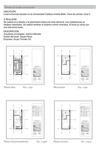 + 0.19
+/- 0
0.12 m
0.1 m
0.55 m
0.65 m
1.4 m
0.75 m
5.41 m
1.02 m
5 m
5 m
2
3
1
0.66 m
0.9 m
0.12 m
0.9 m 2.3 m 0.9 m
0.17 m0.1 m
1.25 m
3.3 m
A B
3
2
1
A B
4.5 m
A3
+/- 0
1 2 3 4 5 6 7
A4
2
3
1
A B
3
2
1
A B
+ 2.70
+ 3.2
+ 3.2
0.6 m
0.07 m
0.14 m
3.8 m
3.5 m
0.65 m
1 m
15
14
13
12
A6
2
3
1
A B
3
2
1
A B
+ 2.70
+ 3.2
+ 3.2
0.6 m
0.07 m
0.14 m
3.8 m
3.5 m
0.65 m
1 m
15
14
13
12
H
H
H
E
S
SE
H
E
S
+ 0.19
+/- 0
0.12 m
0.1 m
0.55 m
0.65 m
1.4 m
0.75 m
5.41 m
1.02 m
5 m
5 m
2
3
1
0.66 m
0.9 m
0.12 m
0.9 m 2.3 m 0.9 m
0.17 m0.1 m
1.25 m
3.3 m
A B
3
2
1
A B
4.5 m
A5
+/- 0
1 2 3 4 5 6 7
H
H
H
SE
E
SE
H
E
S
UBICACION:
A REALIZAR:
una estructura base.
Planta Baja Esc. 1:250 Mezzanina Esc. 1:250
DESCRIPCION:
Empresa: Grupo Temaki CA.
Planta Estacionamiento Esc. 1:1500 Planta Acceso Esc. 1:1500
 