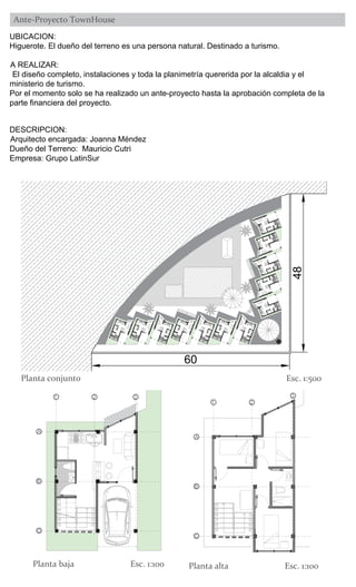 60
48
5
6
7
1
9
10
8
2
3
4
5
6
7
1
9
10
8
2
3
4
5
6
7
1
9
10
8
2
3
4
5
6
7
1
9
10
8
2
3
4
5
6
7
1
9
10
8
2
3
4
5
6
7
1
9
10
8
2
3
4
5
6
7
1
9
10
8
2
3
4
5
6
7
1
9
10
8
2
3
4
5
6
7
1
9
10
8
2
3
4
5
6
7
1
9
10
8
2
3
4
5
6
7
1
9
10
8
2
3
4
5
6
7
1
9
10
8
2
3
4
5
6
7
1
9
10
8
2
3
4
C
B
A
1 2 3
5
6
7
1
9
10
8
2
3
4
C
B
A
1 2
3
Ante-Proyecto TownHouse
UBICACION:
A REALIZAR:
ministerio de turismo.
parte financiera del proyecto.
DESCRIPCION:
Empresa: Grupo LatinSur
Planta conjunto Esc. 1:500
Planta baja Esc. 1:100 Planta alta Esc. 1:100
 