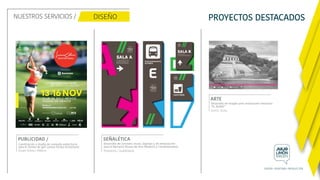 NUESTROS SERVICIOS / PROYECTOS DESTACADOS
SEÑALÉTICA
Desarrollo de concepto visual, logotipo y de señalización
para el Barranca Museo de Arte Moderno y Contemporaneo
Propuesta / Guadalajara
ARTE
Desarrollo de imagen para restaurante mexicano
“EL AGAVE”
Zúrich, Suiza.
PUBLICIDAD /
Grupo Ochoa / México
Coordinación y diseño de campaña publicitaria
para el Torneo de golf Lorena Ochoa Invitational
 