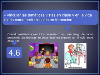 - Vincular las temáticas vistas en clase y en la vida
diaria como profesionales en formación.
4.6
Cuando realizamos ejercicios de refuerzo en casa, luego de haber
practicado las técnicas en clase estamos creando un vínculo entre
estas dos.
 
