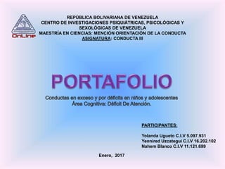 REPÚBLICA BOLIVARIANA DE VENEZUELA
CENTRO DE INVESTIGACIONES PSIQUIÁTRICAS, PSICOLÓGICAS Y
SEXOLÓGICAS DE VENEZUELA
MAESTRÍA EN CIENCIAS: MENCIÓN ORIENTACIÓN DE LA CONDUCTA
ASIGNATURA: CONDUCTA III
PARTICIPANTES:
Yolanda Ugueto C.I.V 5.097.931
Yennired Uzcategui C.I.V 16.202.102
Nahem Blanco C.I.V 11.121.699
Enero, 2017
 