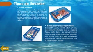 Tipos de Envases
• Gamba Packaging
Especialmente desarrollado para gambas
no procesadas: las partes del crustáceo
que quedan fuera del borde de cierre se
cortan durante el proceso de sellado. De
este modo, los órganos huecos de la
gamba no plantean ningún riesgo para la
seguridad del envase, gracias al sellado
seguro.
• Bandejas con varios compartimentos
Separación segura, óptimo sabor: un film,
especialmente diseñado para su producto
fresco, sella todos los compartimentos
juntos o cada compartimento por separado.
Esto permite conservar el sabor de cada tipo
de marisco de manera independiente y evita
la contaminación cruzada.
MENÚ
 