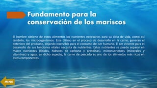 Fundamento para la
conservación de los mariscos
El hombre obtiene de estos alimentos los nutrientes necesarios para su ciclo de vida, como así
también, los microorganismos. Este último en el proceso de desarrollo en la carne, generan el
deterioro del producto, dejando inservible para el consumo del ser humano. El ser viviente para el
desarrollo de sus funciones vitales necesita de nutrientes. Estos nutrientes se puede separar en
macro nutrientes (lípidos, hidratos de carbono y proteínas), micronutrientes (minerales y
vitaminas) y agua, en dicho aspecto, la carne de pescado es uno de los alimentos más ricos en
estos componentes.
MENÚ
 