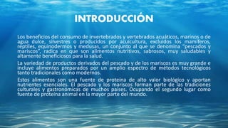 INTRODUCCIÓN
Los beneficios del consumo de invertebrados y vertebrados acuáticos, marinos o de
agua dulce, silvestres o producidos por acuicultura, excluidos los mamíferos,
reptiles, equinodermos y medusas, un conjunto al que se denomina “pescados y
mariscos”, radica en que son alimentos nutritivos, sabrosos, muy saludables y
altamente beneficiosos para la salud.
La variedad de productos derivados del pescado y de los mariscos es muy grande e
incluye alimentos preparados por un amplio espectro de métodos tecnológicos
tanto tradicionales como modernos.
Estos alimentos son una fuente de proteína de alto valor biológico y aportan
nutrientes esenciales. El pescado y los mariscos forman parte de las tradiciones
culturales y gastronómicas de muchos países. Ocupando el segundo lugar como
fuente de proteína animal en la mayor parte del mundo.
 