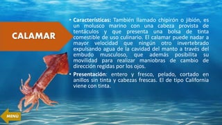 CALAMAR
• Características: También llamado chipirón o jibión, es
un molusco marino con una cabeza provista de
tentáculos y que presenta una bolsa de tinta
comestible de uso culinario. El calamar puede nadar a
mayor velocidad que ningún otro invertebrado
expulsando agua de la cavidad del manto a través del
embudo musculoso, que además posibilita su
movilidad para realizar maniobras de cambio de
dirección regidas por los ojos.
• Presentación: entero y fresco, pelado, cortado en
anillos sin tinta y cabezas frescas. El de tipo California
viene con tinta.
MENÚ
 