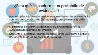 ¿Para qué se conforma un portafolio de
evidencias?
• para recopilar información en donde se manifiesten los avances de los
aprendizajes conceptuales, actitudinales y procedimentales de los
alumnos.
• El portafolio de evidencias permite al alumno participar en la
evaluación de su propio desempeño.
• Mediante el portafolio, el profesor puede llevar un registro objetivo y
documentado de los avances de los alumnos.
 