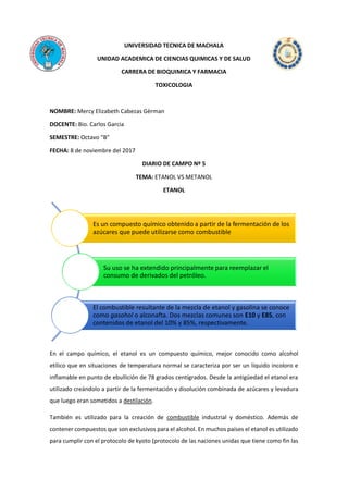 UNIVERSIDAD TECNICA DE MACHALA
UNIDAD ACADEMICA DE CIENCIAS QUIMICAS Y DE SALUD
CARRERA DE BIOQUIMICA Y FARMACIA
TOXICOLOGIA
NOMBRE: Mercy Elizabeth Cabezas Gèrman
DOCENTE: Bio. Carlos Garcia
SEMESTRE: Octavo “B”
FECHA: 8 de noviembre del 2017
DIARIO DE CAMPO Nº 5
TEMA: ETANOL VS METANOL
ETANOL
En el campo químico, el etanol es un compuesto químico, mejor conocido como alcohol
etílico que en situaciones de temperatura normal se caracteriza por ser un líquido incoloro e
inflamable en punto de ebullición de 78 grados centígrados. Desde la antigüedad el etanol era
utilizado creándolo a partir de la fermentación y disolución combinada de azúcares y levadura
que luego eran sometidos a destilación.
También es utilizado para la creación de combustible industrial y doméstico. Además de
contener compuestos que son exclusivos para el alcohol. En muchos países el etanol es utilizado
para cumplir con el protocolo de kyoto (protocolo de las naciones unidas que tiene como fin las
Es un compuesto químico obtenido a partir de la fermentación de los
azúcares que puede utilizarse como combustible
Su uso se ha extendido principalmente para reemplazar el
consumo de derivados del petróleo.
El combustible resultante de la mezcla de etanol y gasolina se conoce
como gasohol o alconafta. Dos mezclas comunes son E10 y E85, con
contenidos de etanol del 10% y 85%, respectivamente.
 