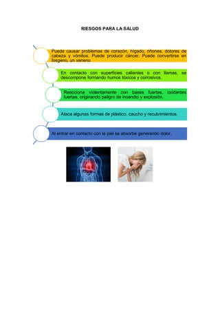 RIESGOS PARA LA SALUD
Puede causar problemas de corazón, hígado, riñones, dolores de
cabeza y vómitos. Puede producir cáncer. Puede convertirse en
fosgeno, un veneno
En contacto con superficies calientes o con llamas, se
descompone formando humos tóxicos y corrosivos.
Reacciona violentamente con bases fuertes, oxidantes
fuertes, originando peligro de incendio y explosión.
Ataca algunas formas de plástico, caucho y recubrimientos.
Al entrar en contacto con la piel se absorbe generando dolor.
 