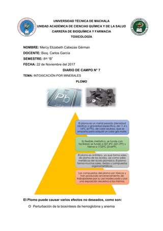 UNIVERSIDAD TÉCNICA DE MACHALA
UNIDAD ACADÉMICA DE CIENCIAS QUÍMICA Y DE LA SALUD
CARRERA DE BIOQUÍMICA Y FARMACIA
TOXICOLOGÍA
NOMBRE: Mercy Elizabeth Cabezas Gérman
DOCENTE: Bioq. Carlos García
SEMESTRE: 8vo
“B”
FECHA: 22 de Noviembre del 2017
DIARIO DE CAMPO N° 7
TEMA: INTOXICACIÓN POR MINERALES
PLOMO
El Plomo puede causar varios efectos no deseados, como son:
 Perturbación de la biosíntesis de hemoglobina y anemia
El plomo es un metal pesado (densidad
relativa, o gravedad específica, de 11.4 s
16ºC (61ºF)), de color azuloso, que se
empaña para adquirir un color gris mate.
Es flexible, inelástico, se funde con
facilidad, se funde a 327.4ºC (621.3ºF) y
hierve a 1725ºC (3164ºF).
El plomo es anfótero, ya que forma sales
de plomo de los ácidos, así como sales
metálicas del ácido plúmbico. El plomo
forma muchas sales, óxidos y compuestos
organometálicos.
Los compuestos del plomo son tóxicos y
han producido envenenamiento de
trabajadores por su uso inadecuado y por
una exposición excesiva a los mismos.
 