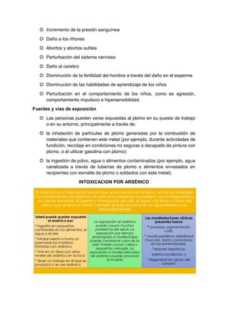  Incremento de la presión sanguínea
 Daño a los riñones
 Abortos y abortos sutíles
 Perturbación del sistema nervioso
 Daño al cerebro
 Disminución de la fertilidad del hombre a través del daño en el esperma
 Disminución de las habilidades de aprendizaje de los niños
 Perturbación en el comportamiento de los niños, como es agresión,
comportamiento impulsivo e hipersensibilidad.
Fuentes y vías de exposición
 Las personas pueden verse expuestas al plomo en su puesto de trabajo
o en su entorno, principalmente a través de:
 la inhalación de partículas de plomo generadas por la combustión de
materiales que contienen este metal (por ejemplo, durante actividades de
fundición, reciclaje en condiciones no seguras o decapado de pintura con
plomo, o al utilizar gasolina con plomo);
 la ingestión de polvo, agua o alimentos contaminados (por ejemplo, agua
canalizada a través de tuberías de plomo o alimentos envasados en
recipientes con esmalte de plomo o soldados con este metal).
INTOXICACION POR ARSÉNICO
El arsénico es un elemento natural que se encuentra en la tierra y entre los minerales.
Los componentes del arsénico se usan para preservar la madera, como plaguicidas y
en ciertas industrias. El arsénico forma parte del aire, el agua y la tierra a través del
polvo que se lleva el viento. También puede penetrar en el agua debido a los
desbordamientos.
Usted puede quedar expuesto
al arsénico por:
* Ingerirlo en pequeñas
cantidades en los alimentos, el
agua o el aire
* Inhalar aserrín o humo al
quemarse las maderas
tratadas con arsénico
* Vivir en un área con altos
niveles de arsénico en la roca
* Tener un trabajo en el que se
produzca o se use arsénico
La exposición al arsénico
puede causar muchos
problemas de salud. La
exposición por tiempo
prolongado a niveles bajos
puede cambiar el color de la
piel. Puede causar callos y
pequeñas verrugas. La
exposición a niveles elevados
de arsénico puede provocar
la muerte
Las manifestaciones clínicas
presentes fueron
* anorexia, pigmentación
café,
* neuritis periférica (debilidad
muscular, dolor y parestesias
en las extremidades),
* lesiones hepáticas,
edema localizado, y
*degeneración grasa del
corazón.
 
