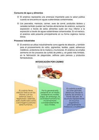 Consumo de agua y alimentos
 El arsénico representa una amenaza importante para la salud pública
cuando se encuentra en aguas subterráneas contaminadas.
 Los pescados, mariscos, carnes, aves de corral, productos lácteos y
cereales también pueden ser fuentes alimentarias de arsénico, aunque la
exposición a través de estos alimentos suele ser muy inferior a la
exposición a través de aguas subterráneas contaminadas. En el marisco,
el arsénico está presente principalmente en su forma orgánica menos
tóxica.
Procesos industriales
 El arsénico se utiliza industrialmente como agente de aleación, y también
para el procesamiento de vidrio, pigmentos, textiles, papel, adhesivos
metálicos, protectores de la madera y municiones. El arsénico se emplea
asimismo en los procesos de curtido de pieles y, en grado más limitado,
en la fabricación de plaguicidas, aditivos para piensos y productos
farmacéuticos.
INTOXICACIÓN POR CADMIO
El cadmio tiene
efectos tóxicos en los
riñones y en los
sistemas óseo y
respiratorio; además,
está clasificado como
carcinógeno para los
seres humanos.
Por lo general está
presente en el medio
ambiente en niveles
bajos. Sin embargo, la
actividad humana ha
incrementado
considerablemente
esos niveles.
El cadmio puede
recorrer grandes
distancias desde la
fuente de emisión a
través del aire. Se
acumula rápidamente
en muchos
organismos,
principalmente
moluscos y crustáceos.
 