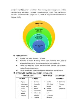 ppm (124 mg/m3 ) durante 7 horas/día, 5 días/semana y seis meses provocó cambios
histopatológicos en hígado y riñones (Torkelson et al, 1976). Estos cambios no
resultaron evidentes en ratas que pasaron un periodo de recuperación de seis semanas
(higiene, 2007).
16. INSTRUCCIONES
16.1. Trabajar con orden, limpieza y sin prisa.
16.2. Mantener las mesas de trabajo limpias y sin productos, libros, cajas o
accesorios innecesarios para el trabajo que se esté realizando.
16.3. Llenar ropa adecuada para la realización de la práctica: bata, guantes,
mascarilla, gorro, zapatones.
16.4. Utilizar la campana extractora de gases siempre que sea necesario.
17.MATERIALES, EQUIPOS REACTIVOS Y SUSTANCIAS:
MATERIALES REACTIVOS APARATOS/
EQUIPOSVIDRIO OTROS
 Pipetas
 Erlenmeyer
 Tubos de
ensayo
 Probeta
 Varilla
 Embudo
 Guantes
 Mascarilla
 Gorro
 Mandil
 Cronómetro
 Estuche de
disección
 Espátula
 Alcohol
95% nitrato
de plata
 Potasa
alcohólica
1:10
 Percloruro
de hierro
 Campana
 Aparato
de
destilación
ANASTESIC
O
DESENGRAS
ANTE DE
METALES
PARA
FABRICAR
PLASTICOS
O TEFLON
CLOROFOR
MO
 
