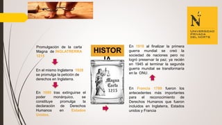 HISTOR
IA
Promulgación de la carta
Magna de INGLATRERRA
1215
En el mismo Inglaterra 1928
se promulga la petición de
derechos en Inglaterra.
En 1689 tras extinguirse el
poder monárquico, se
constituye promulga la
declaración de Derechos
Humanos en Estados
Unidos.
En Francia 1789 fueron los
antecedentes más importantes
para el reconocimiento de
Derechos Humanos que fueron
incluidos en Inglaterra, Estados
unidos y Francia
En 1918 al finalizar la primera
guerra mundial se creó la
sociedad de naciones pero no
logró preservar la paz; ya recién
en 1945 al terminar la segunda
guerra mundial se transformaría
en la ONU.
 
