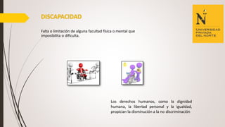 Falta o limitación de alguna facultad física o mental que
imposibilita o dificulta.
Los derechos humanos, como la dignidad
humana, la libertad personal y la igualdad,
propician la disminución a la no discriminación
 