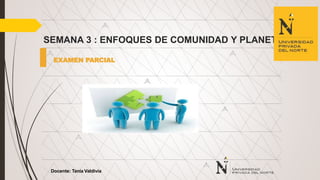 Docente: Tania Valdivia
SEMANA 3 : ENFOQUES DE COMUNIDAD Y PLANETA
EXAMEN PARCIAL
 