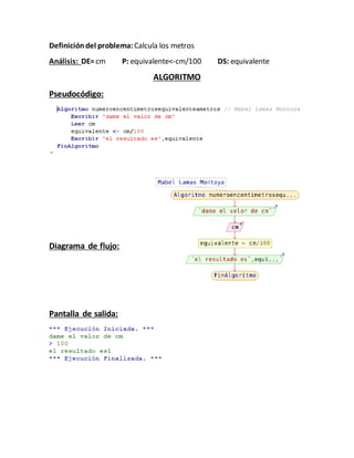 Definicióndel problema: Calcula los metros
Análisis: DE=cm P: equivalente<-cm/100 DS: equivalente
ALGORITMO
Pseudocódigo:
Diagrama de flujo:
Pantalla de salida:
 