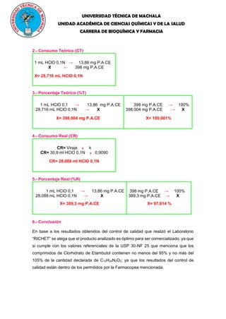 UNIVERSIDAD TÉCNICA DE MACHALA
UNIDAD ACADÉMICA DE CIENCIAS QUÍMICAS Y DE LA SALUD
CARRERA DE BIOQUÍMICA Y FARMACIA
2.- Consumo Teórico (CT)
1 mL HClO 0,1N → 13,86 mg P.A.CE
X ← 398 mg P.A.CE
X= 28,716 mL HClO 0,1N
3.- Porcentaje Teórico (%T)
1 mL HClO 0,1 → 13,86 mg P.A.CE
28,716 mL HClO 0,1N → X
X= 398,004 mg P.A.CE
398 mg P.A.CE → 100%
398,004 mg P.A.CE → X
X= 100,001%
4.- Consumo Real (CR)
CR= Viraje X k
CR= 30,9 ml HClO 0,1N X 0,9090
CR= 28,088 ml HClO 0,1N
5.- Porcentaje Real (%R)
1 mL HClO 0,1 → 13,86 mg P.A.CE
28,088 mL HClO 0,1N → X
X= 389,3 mg P.A.CE
398 mg P.A.CE → 100%
389,3 mg P.A.CE → X
X= 97,814 %
6.- Conclusión
En base a los resultados obtenidos del control de calidad que realizó el Laboratorio
“RICHET” se alega que el producto analizado es óptimo para ser comercializado, ya que
si cumple con los valores referenciales de la USP 30-NF 25 que menciona que los
comprimidos de Clorhidrato de Etambutol contienen no menos del 95% y no más del
105% de la cantidad declarada de C10H24N2O2; ya que los resultados del control de
calidad están dentro de los permitidos por la Farmacopea mencionada.
 