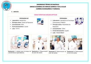 UNIVERSIDAD TÉCNICA DE MACHALA
UNIDAD ACADÉMICA DE CIENCIAS QUÍMICAS Y DE LA SALUD
CARRERA DE BIOQUÍMICA Y FARMACIA
9. ANEXOS:
CARACTERÍSTICAS ORGANOLÉPTICAS
PIPERAZINA NF
 Laboratorio: Neofarmaco
 Principio activo: Citrato de Piperazina
 Concentración: 60ml
 Forma farmacéutica: Liquida
 Lote: 170714
PIPERAZINA
 Laboratorio: Laboratorio de Tecnología
Farmacéutica UTMACH
 Principio activo: Hexahidrato de
Piperazina
 Concentración: 120ml
 Forma farmacéutica: Liquida
 Lote: 150520188BJP
Ilustración 1. Jarabes para el ensayo de
características organolépticas.
Ilustración 2. Determinación
de color del Jarabe.
Ilustración 2. Determinación de
color del Jarabe.
Ilustración 4. Determinación
de olor del Jarabe.
 