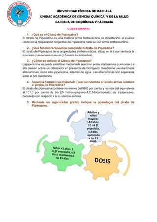 UNIVERSIDAD TÉCNICA DE MACHALA
UNIDAD ACADÉMICA DE CIENCIAS QUÍMICAS Y DE LA SALUD
CARRERA DE BIOQUÍMICA Y FARMACIA
CUESTIONARIO
1. ¿Qué es el Citrato de Piperazina?
El citrato de Piperazina es una materia prima farmacéutica de importación, el cual se
utiliza en la preparación del jarabe de Piperazina para su uso como antihelmíntico.
2. ¿Qué función terapéutica cumple del Citrato de Piperazina?
El citrato de Piperazina tiene propiedades antihelmínticas; eficaz en el tratamiento de la
oxiuriasis y ascariasis (oxiuros y Ascaris lumbricoides).
3. ¿Cómo se obtiene el Citrato de Piperazina?
La piperazina se puede sintetizar mediante la reacción entre etanolamina y amoníaco a
alta presión sobre un catalizador en presencia de hidrógeno. Se obtiene una mezcla de
etilenaminas, entre ellas piperazina, además de agua. Las etilenaminas son separadas
entre sí por destilación.
4. Según la Farmacopea Española ¿qué cantidad de principio activo contiene
el jarabe de Piperazina?
El citrato de piperazina contiene no menos del 98,0 por ciento y no más del equivalente
al 101,0 por ciento de bis (2- hidroxi-propano-1,2,3-tricarboxilato) de tripiperazina,
calculado con respecto a la sustancia anhidra.
5. Mediante un organizador gráfico indique la pososlogía del jarabe de
Piperazima.
Adultos y
niños
mayores
>12 años:
10 mL (2
veces/día,
x 3 días,
repitiendo
a los 15
días).
 