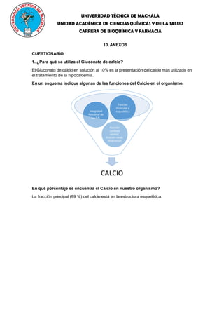 UNIVERSIDAD TÉCNICA DE MACHALA
UNIDAD ACADÉMICA DE CIENCIAS QUÍMICAS Y DE LA SALUD
CARRERA DE BIOQUÍMICA Y FARMACIA
10. ANEXOS
CUESTIONARIO
1.-¿Para qué se utiliza el Gluconato de calcio?
El Gluconato de calcio en solución al 10% es la presentación del calcio más utilizado en
el tratamiento de la hipocalcemia.
En un esquema indique algunas de las funciones del Calcio en el organismo.
En qué porcentaje se encuentra el Calcio en nuestro organismo?
La fracción principal (99 %) del calcio está en la estructura esquelética.
CALCIO
Función
cardíaca
normal,
función renal,
respiración
Integridad
funcional de
los S.N.
Función
muscular y
esquelética
 