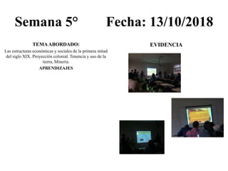 Semana 5° Fecha: 13/10/2018
TEMAABORDADO:
Las estructuras económicas y sociales de la primera mitad
del siglo XIX. Proyección colonial. Tenencia y uso de la
tierra, Minería.
APRENDIZAJES
EVIDENCIA
 