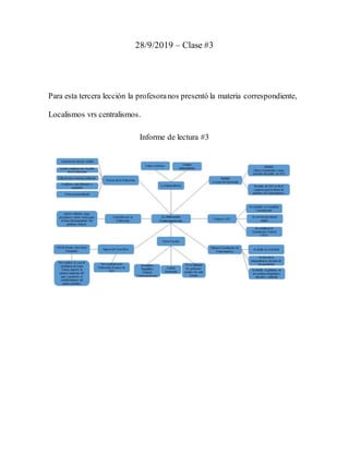 28/9/2019 – Clase #3
Para esta tercera lección la profesoranos presentó la materia correspondiente,
Localismos vrs centralismos.
Informe de lectura #3
 